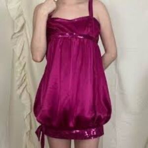 De Laru bright pink sequin trimmed satin mini bubble dress Sz 11/12 vintage